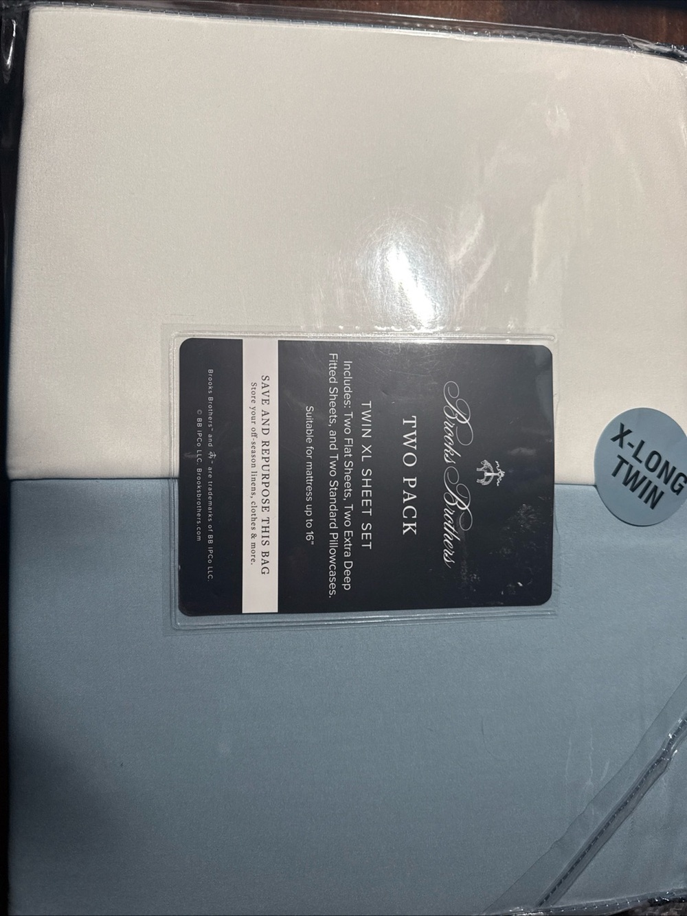 Brooks Brothers Twin XL Two-Pack Fitted Sheet Set in Light Blue and White NWT
